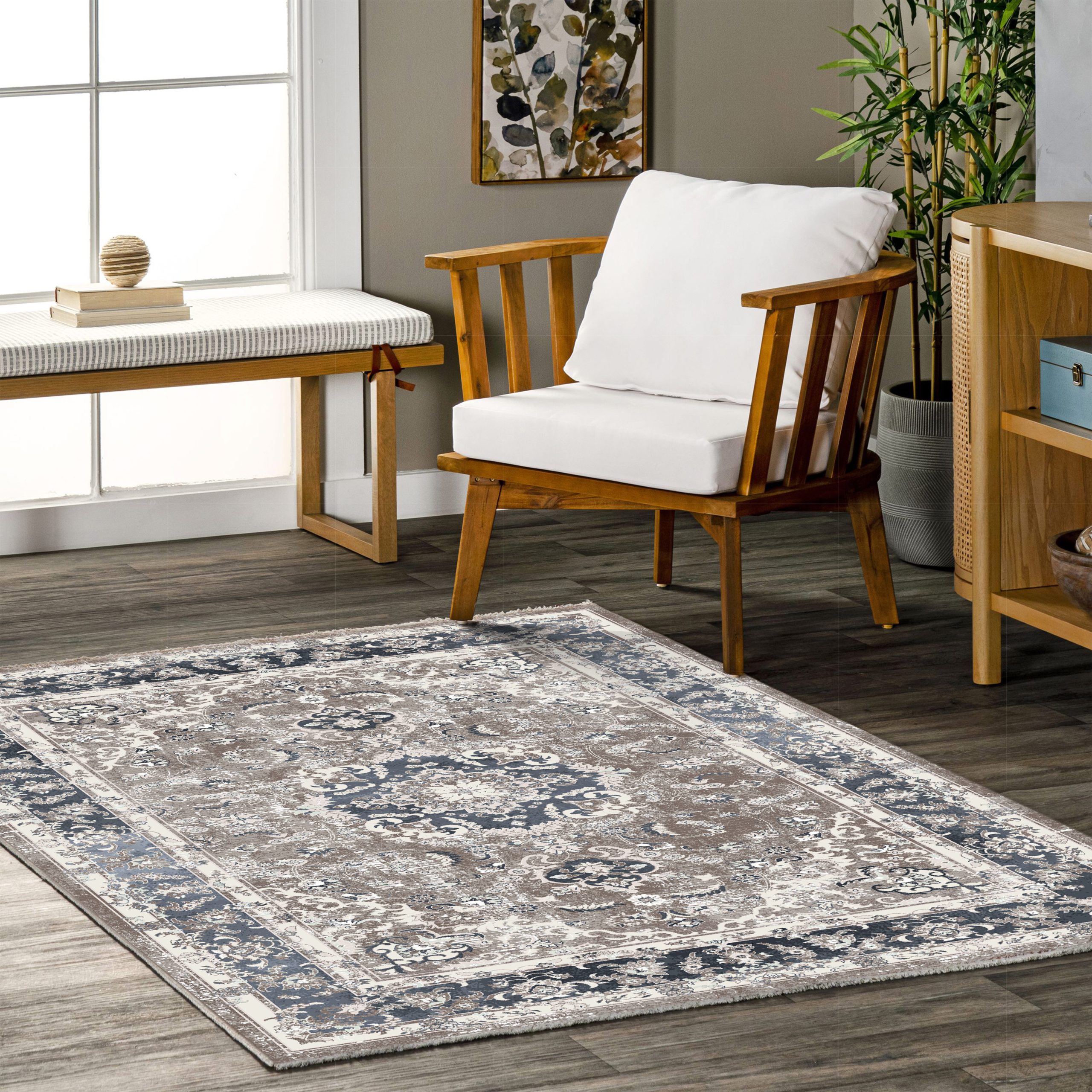Netline Home Cream White Mink Brown Classic Vintage Machine Washable Chenille Rug Design 126-01 - Gallery Image 5 - Netline Home