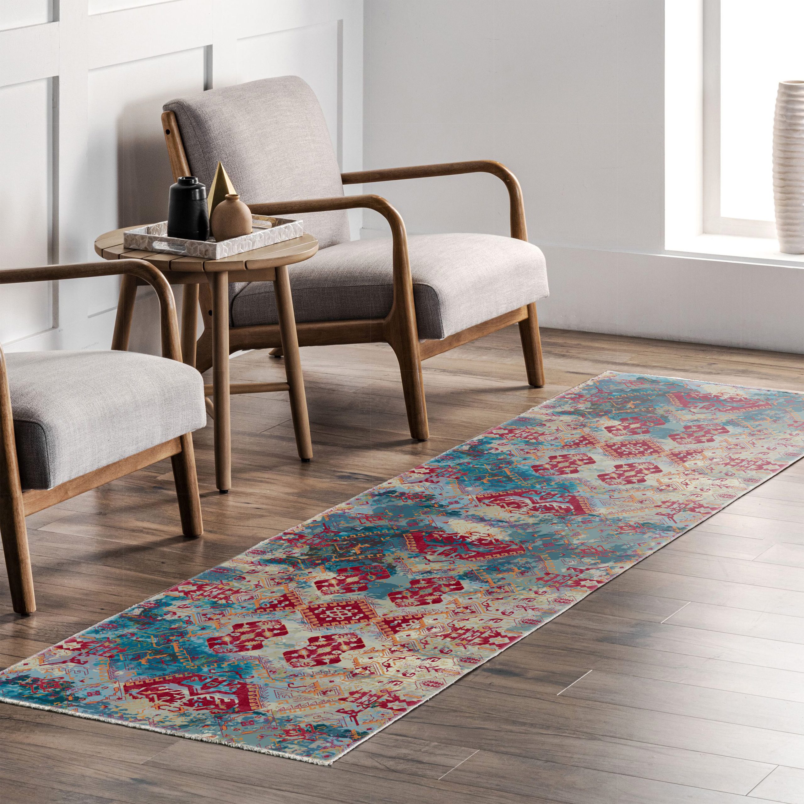 Netline Home Red Burgundy Green Khaki Ethnic Machine Washable Chenille Rug Design 41-01 - Gallery Image 6 - Netline Home