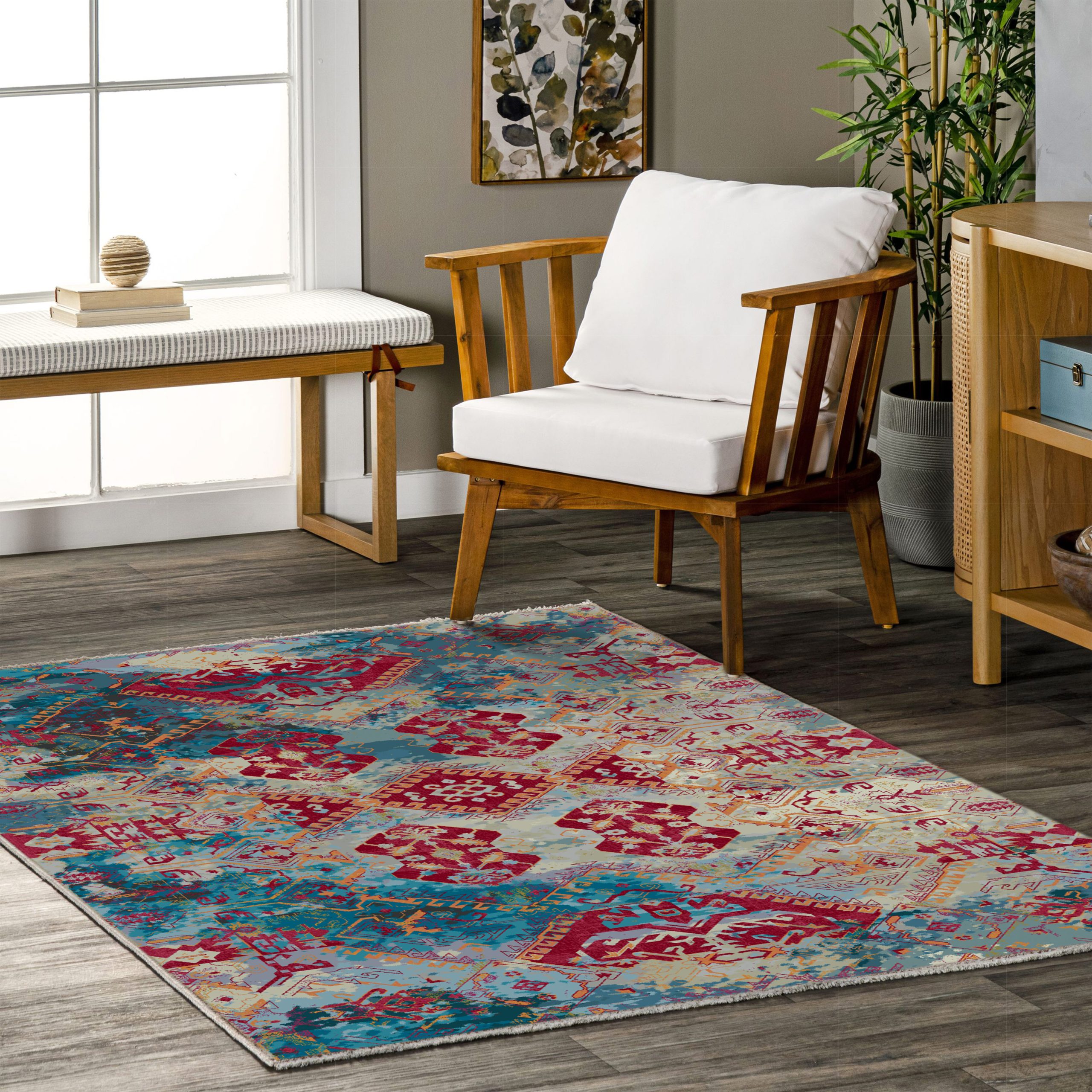 Netline Home Red Burgundy Green Khaki Ethnic Machine Washable Chenille Rug Design 41-01 - Gallery Image 4 - Netline Home