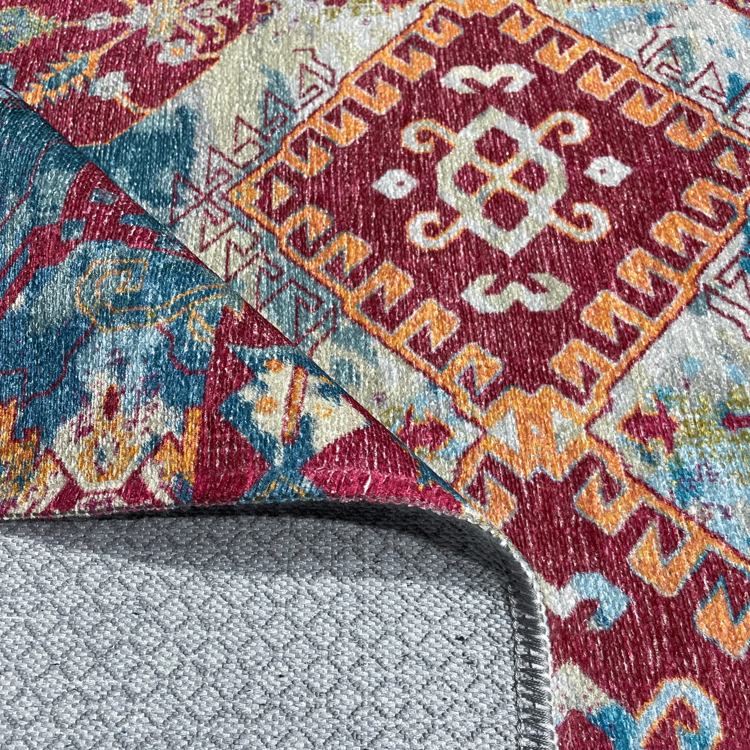 Netline Home Red Burgundy Green Khaki Ethnic Machine Washable Chenille Rug Design 41-01 - Gallery Image 3 - Netline Home