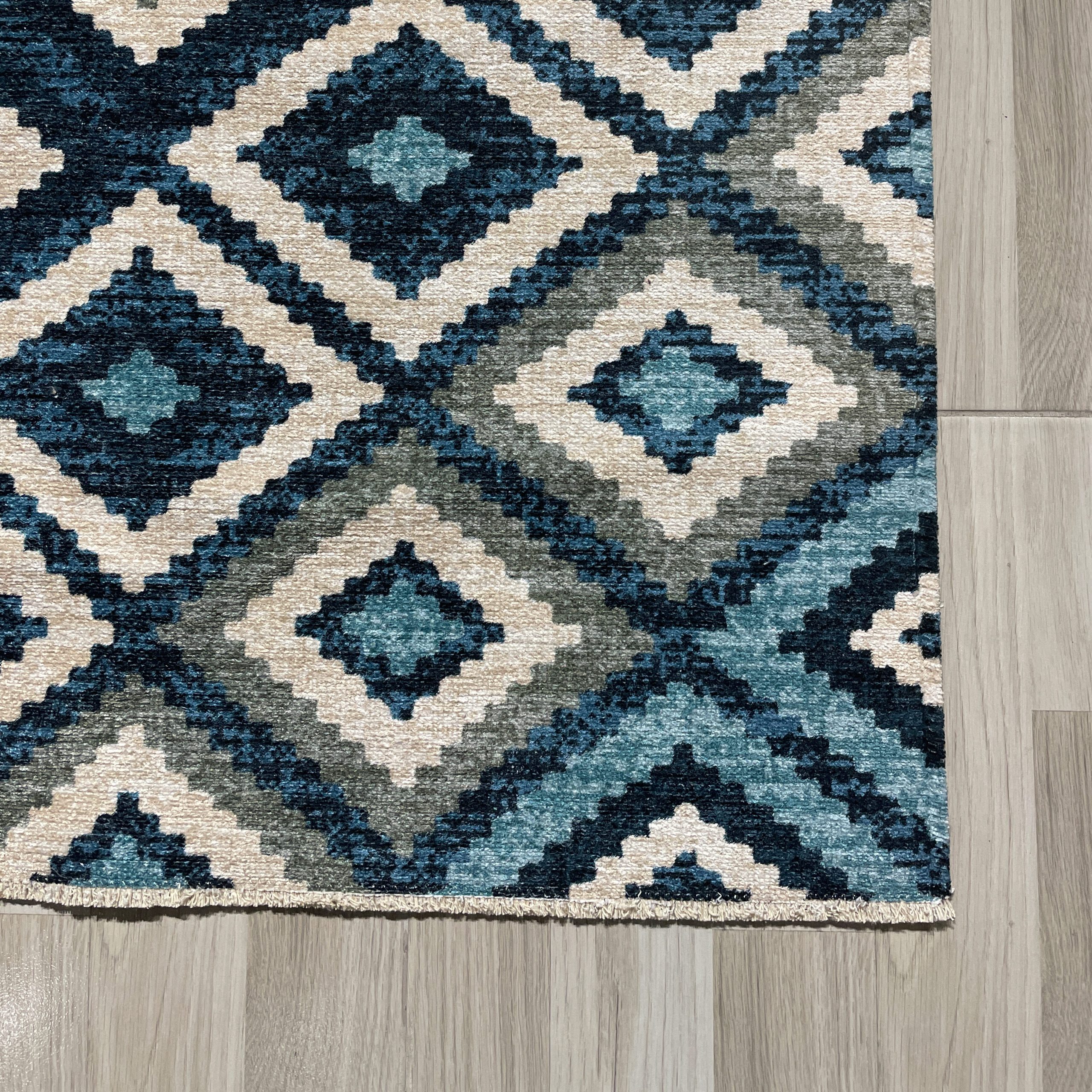 Netline Home Blue Navy Green Khaki Ethnic Classic Machine Washable Chenille Rug Design 444-02 - Detailed Photoshoot - Netline Home