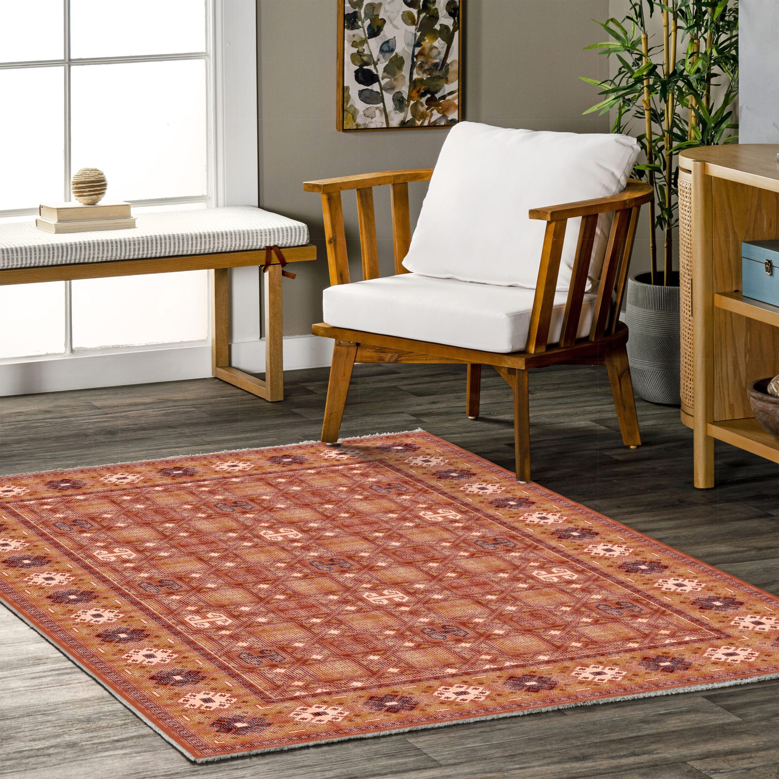 Netline Home Orange Terracotta Ethnic Machine Washable Chenille Rug Design 411-01 - Gallery Image 5 - Netline Home