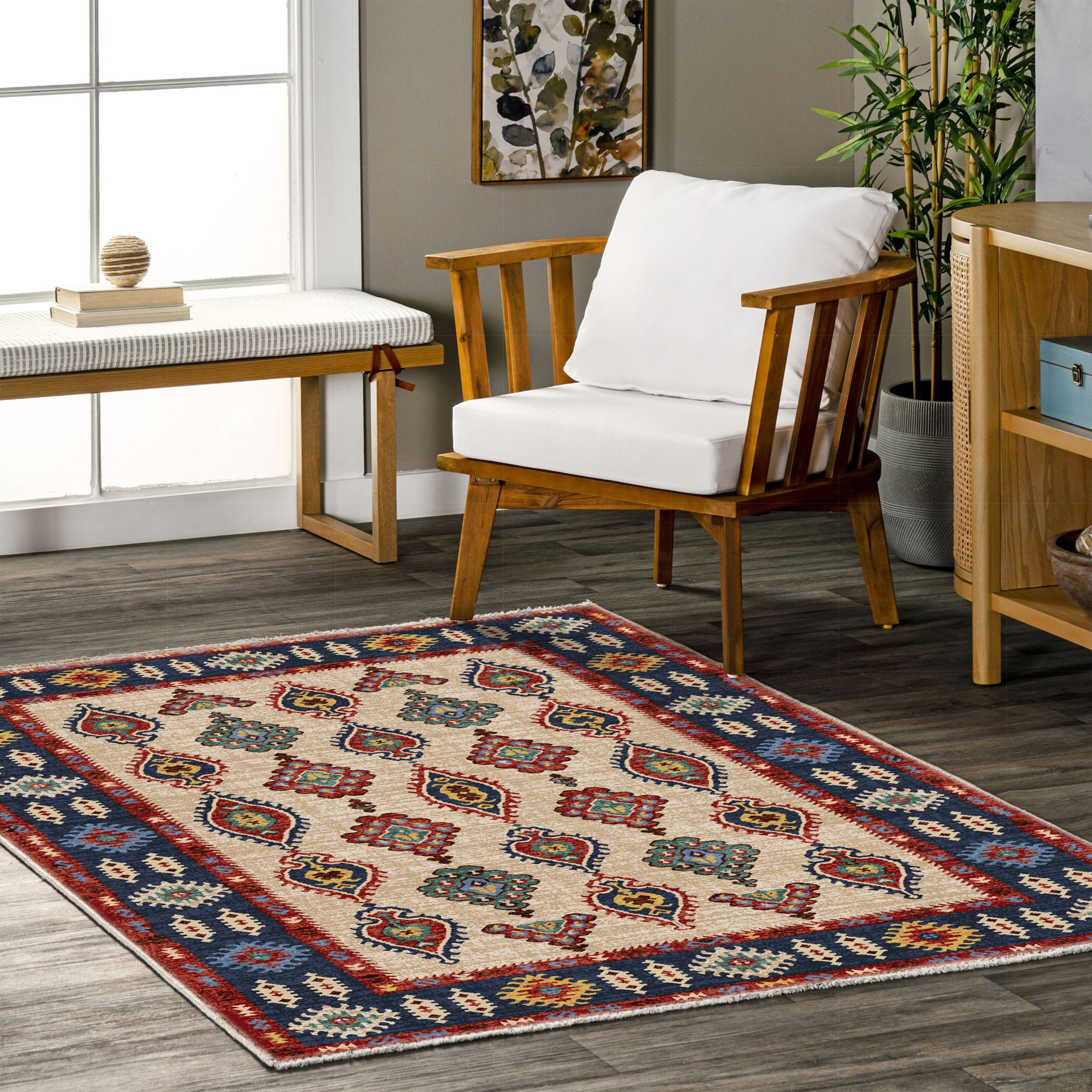 Netline Home Blue Navy Mink Brown Ethnic Classic Machine Washable Chenille Rug Design 446-01 - Gallery Image 5 - Netline Home
