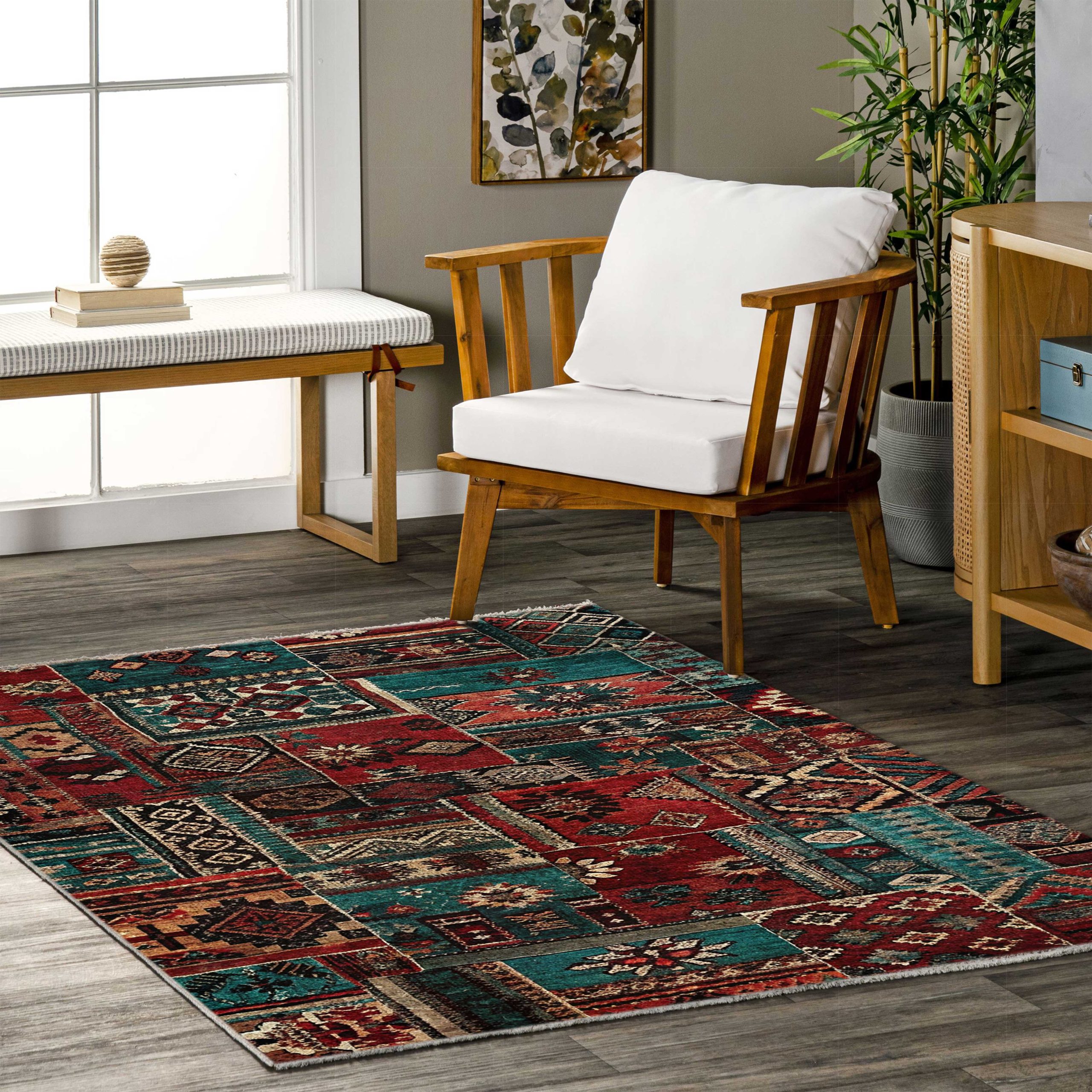 Netline Home Red Burgundy Green Khaki Ethnic Machine Washable Chenille Rug Design 609-01 - Gallery Image 6 - Netline Home