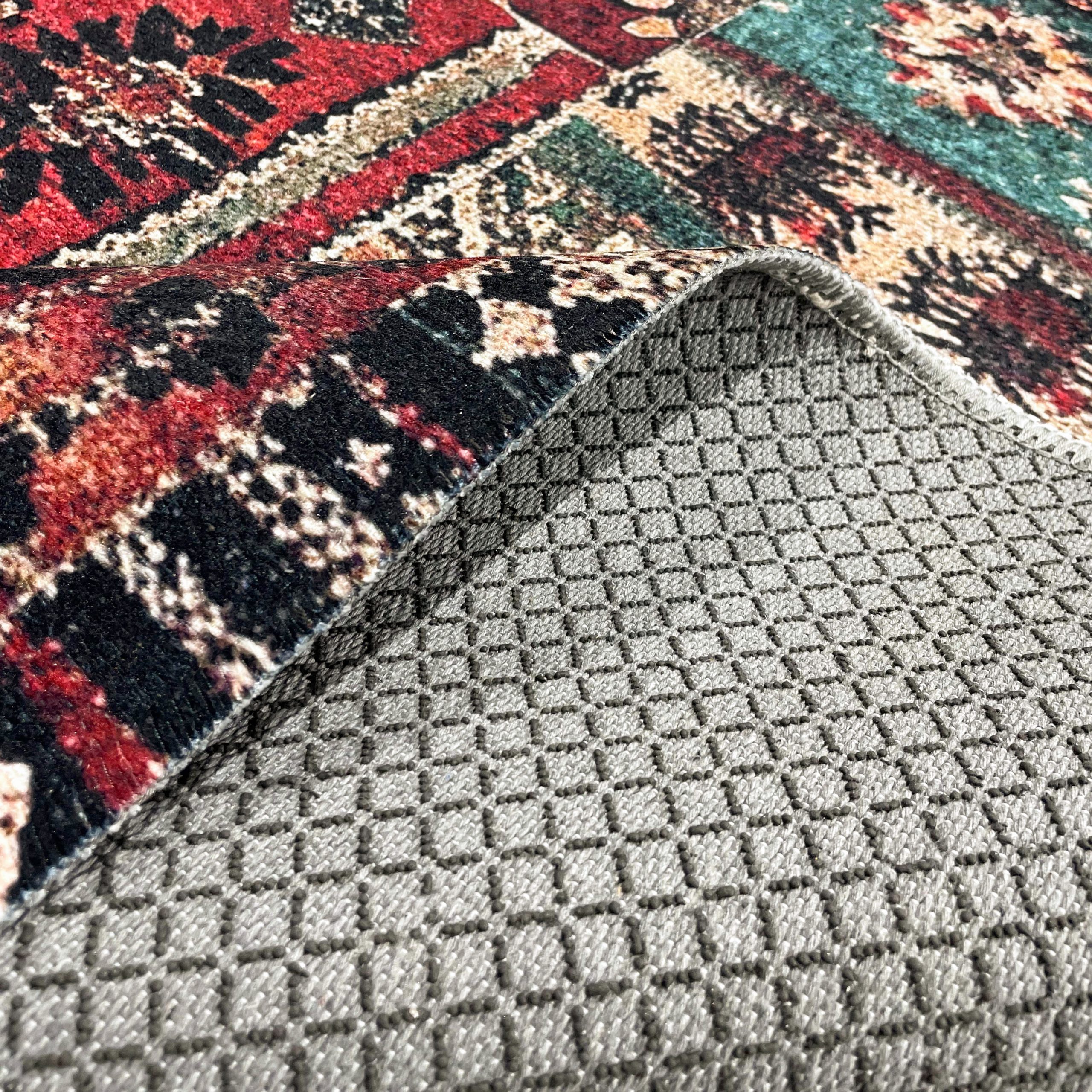 Netline Home Red Burgundy Green Khaki Ethnic Machine Washable Chenille Rug Design 609-01 - Gallery Image 4 - Netline Home