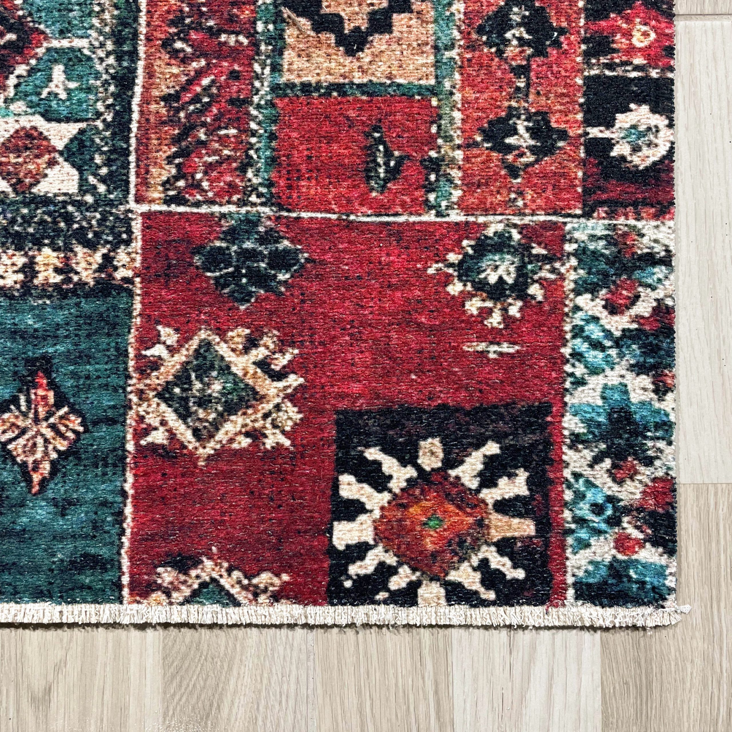 Netline Home Red Burgundy Green Khaki Ethnic Machine Washable Chenille Rug Design 609-01 - Detailed Photoshoot - Netline Home