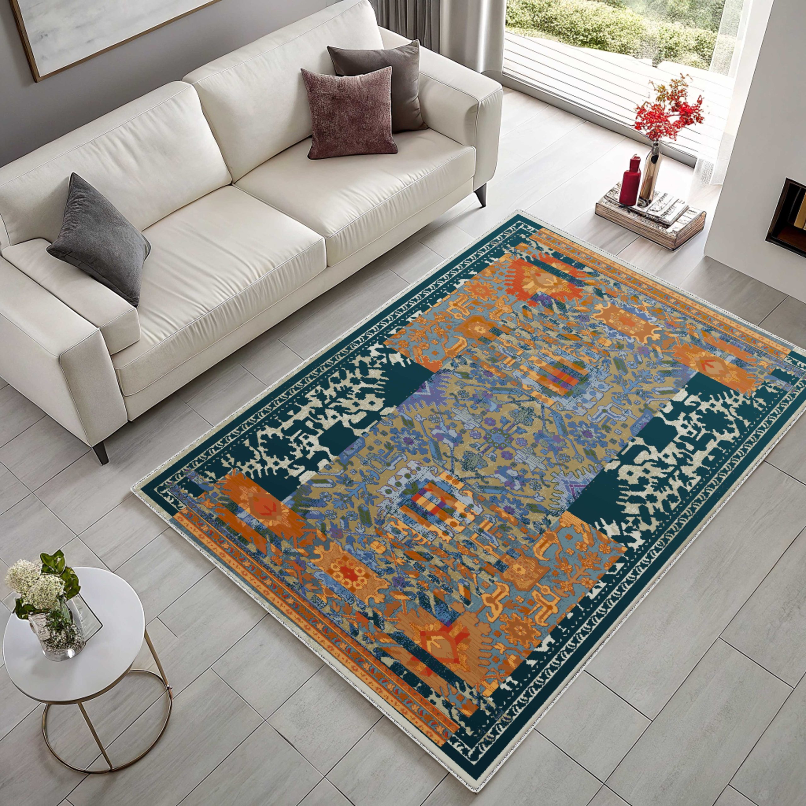 Netline Home Blue Navy Orange Terracotta Classic Vintage Machine Washable Chenille Rug Design 43-01 - Detailed Photoshoot - Netline Home