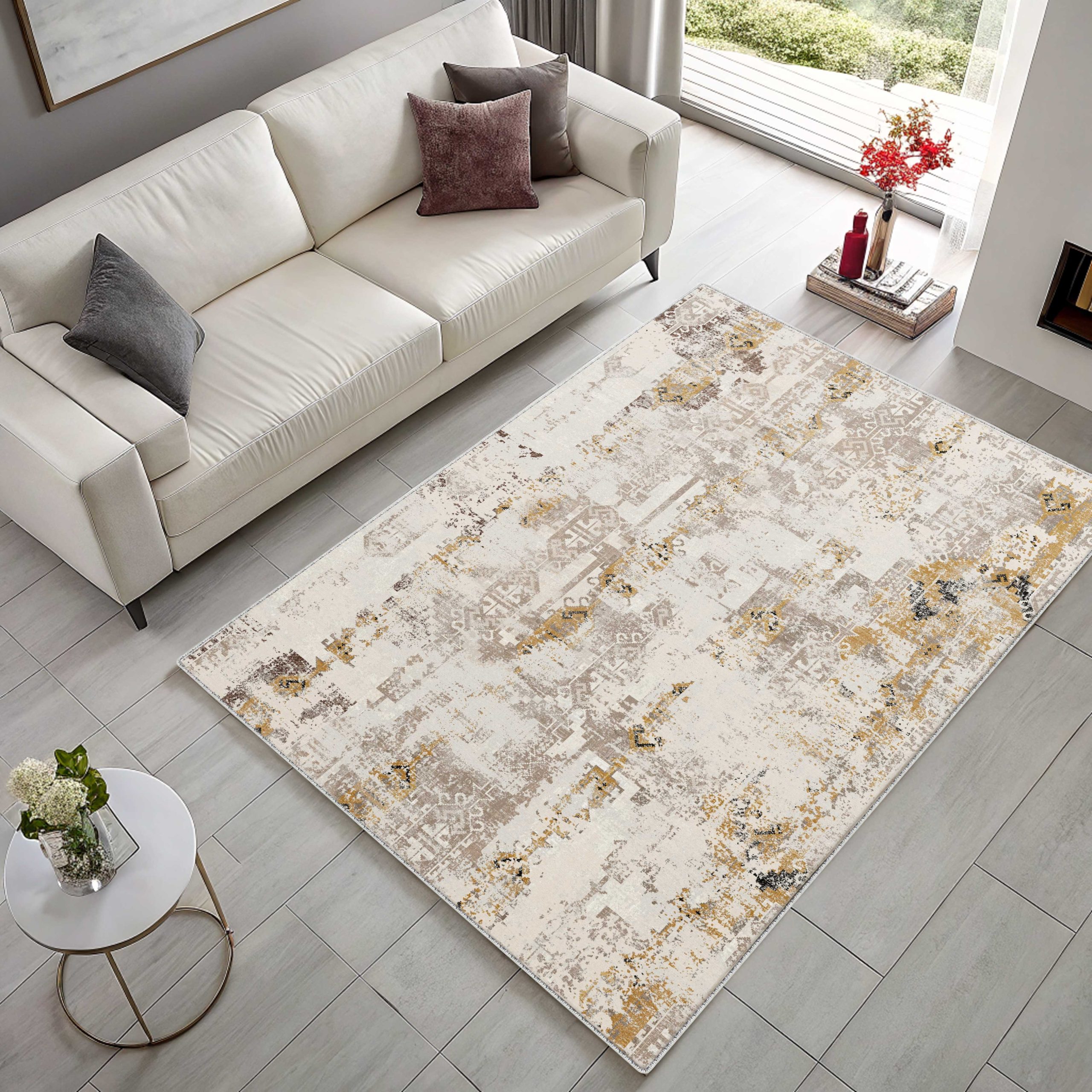 Netline Home Yellow Gold Mink Brown Ethnic Vintage Machine Washable Chenille Rug Design 488-01 - Detailed Photoshoot - Netline Home