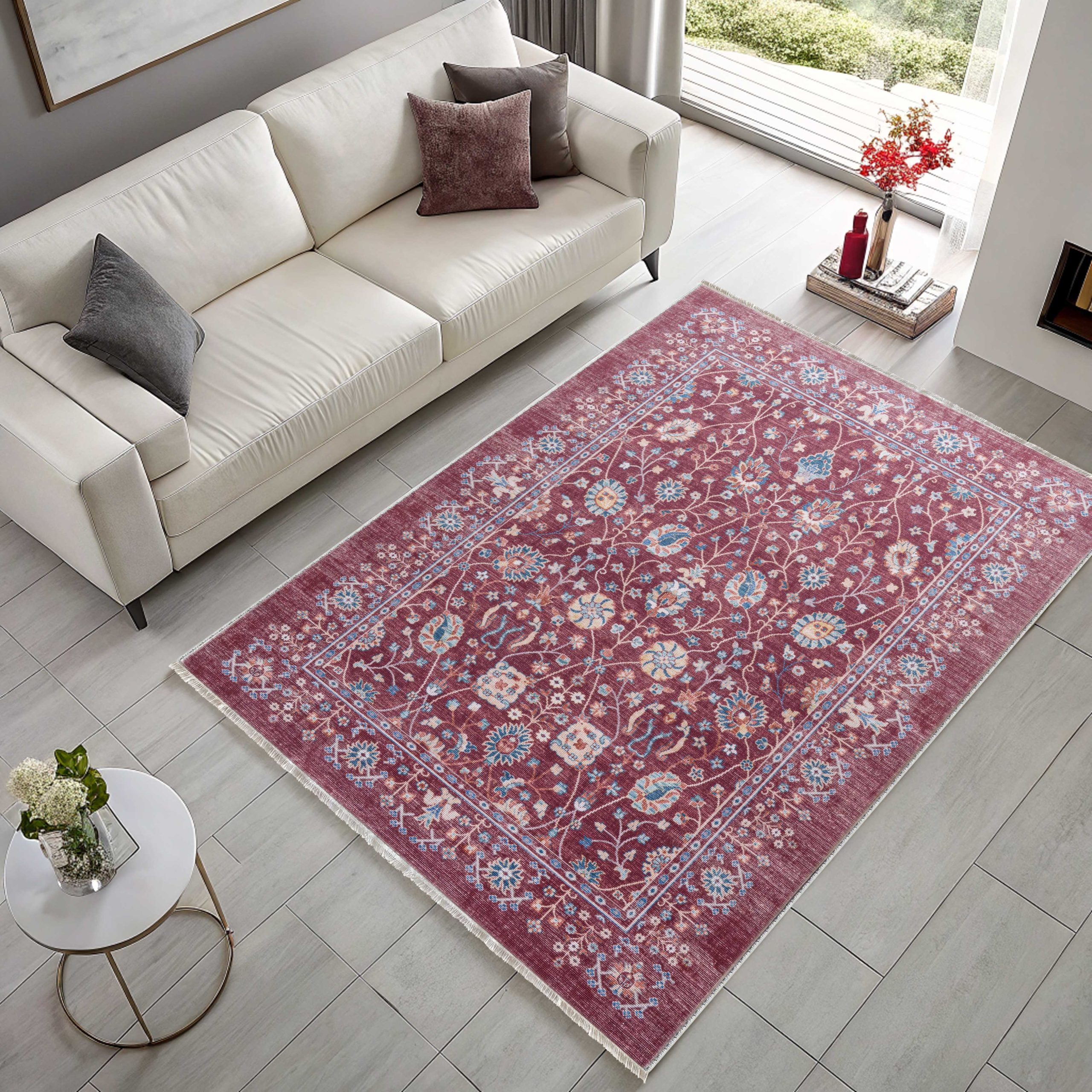 Netline Home Red Burgundy Pink Fuchsia Ethnic Classic Vintage Machine Washable Chenille Rug Design 3006-01 - Detailed Photoshoot - Netline Home