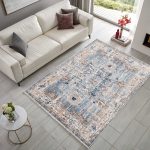 Bej Mavi Tasarım Şönil Halı Kilim Yolluk Kaymaz Yıkanabilir Saçaklı Oturma Odası Mutfak Koridor 2220-01 - Görsel 2