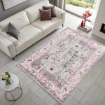 Gri Pembe Tasarım Şönil Halı Kilim Yolluk Kaymaz Yıkanabilir Saçaklı Oturma Odası Mutfak Koridor 2220-02 - Görsel 2