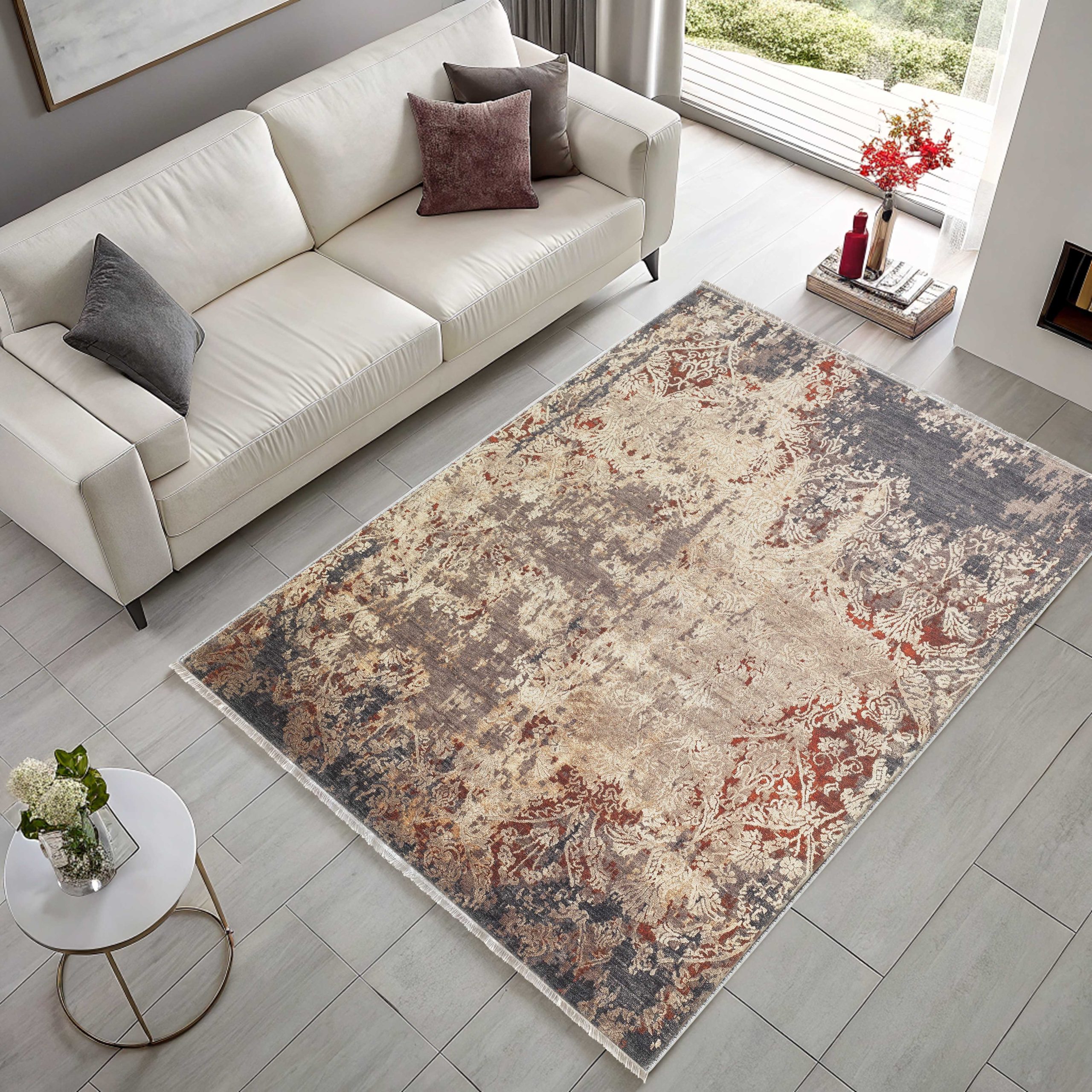 Netline Home Gray Silver Mink Brown Ethnic Classic Vintage Machine Washable Chenille Rug Design 3015 - Detailed Photoshoot - Netline Home