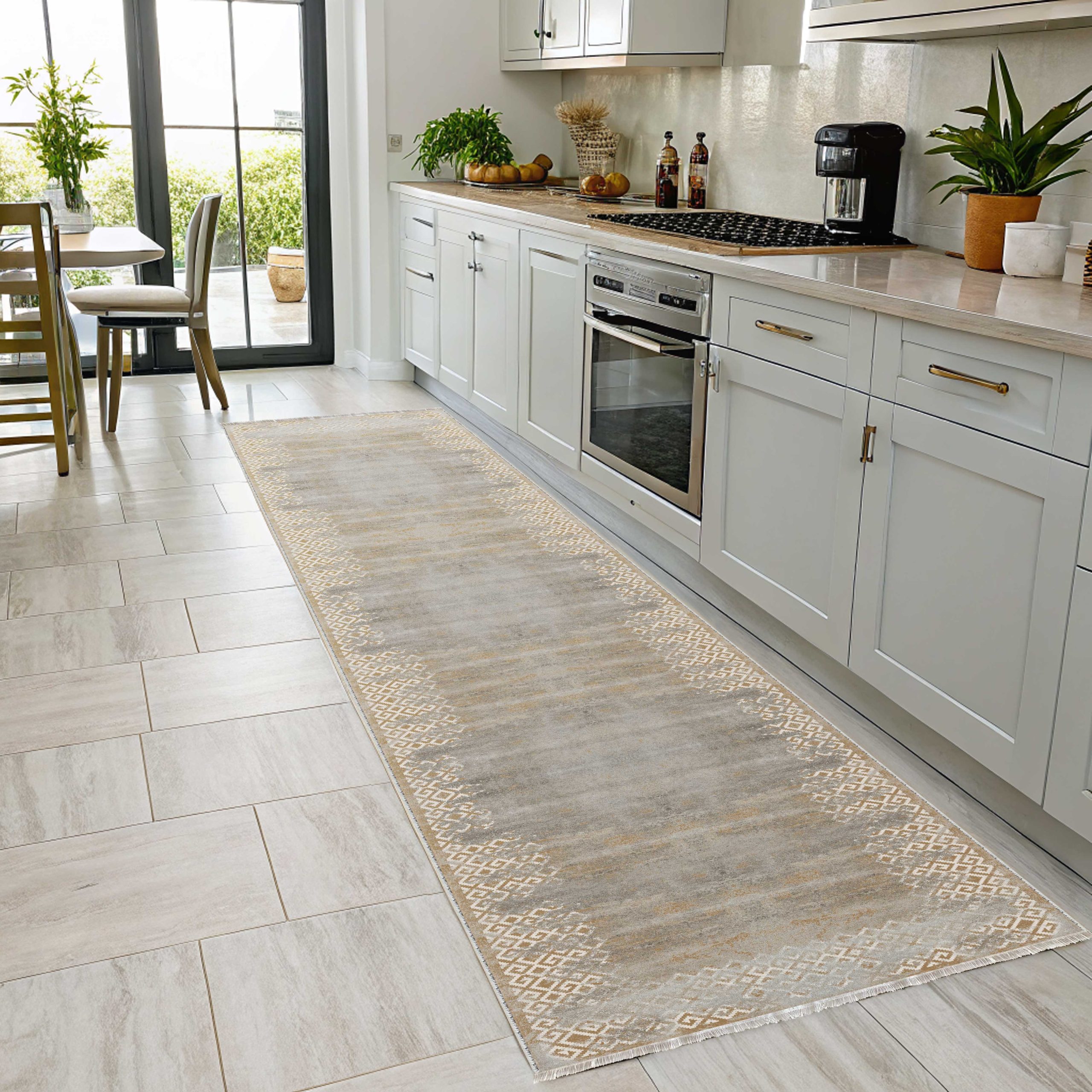 Netline Home Yellow Gold Geometric Modern Kitchen Machine Washable Chenille Rug Design 2206 - Gallery Image 6 - Netline Home