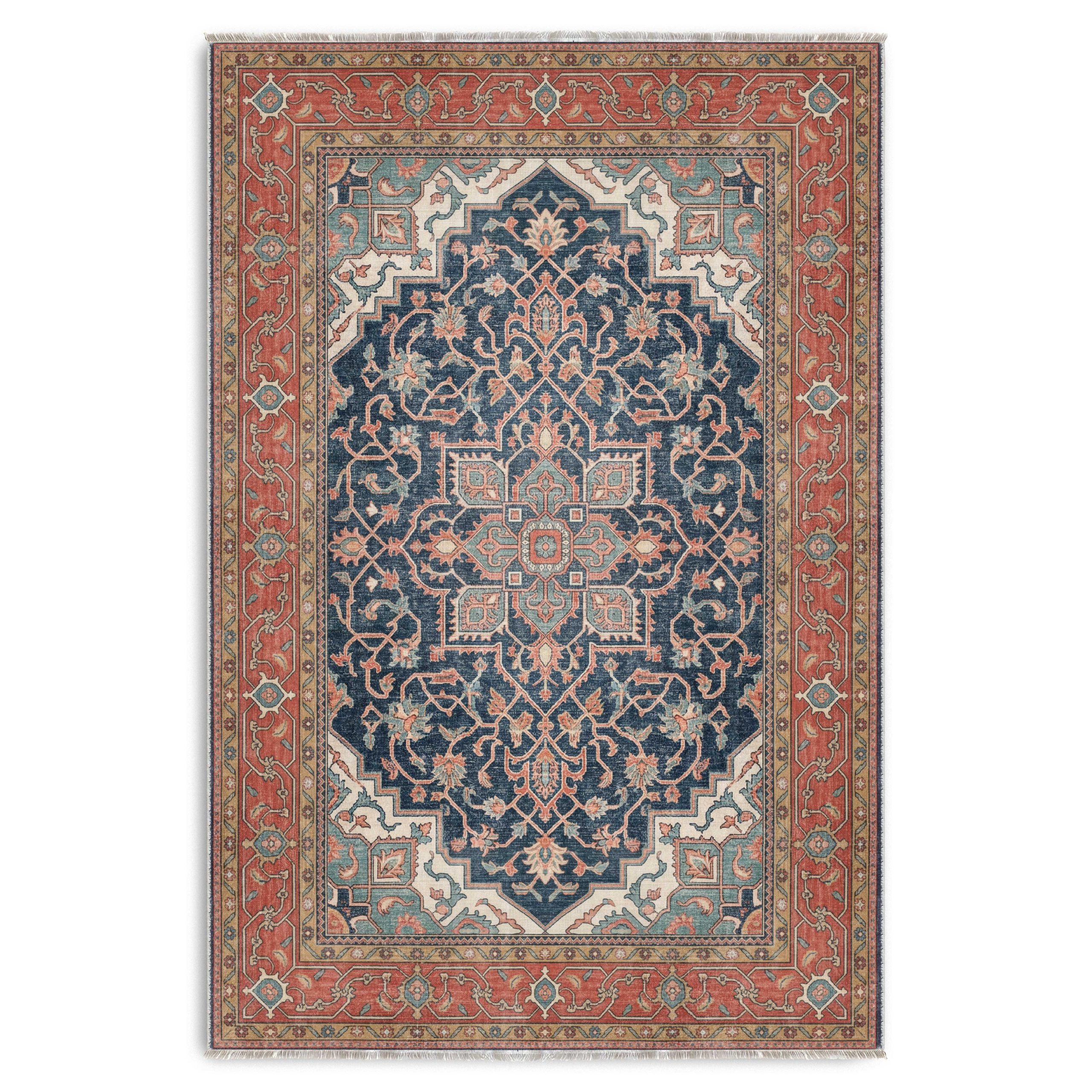 K3041-03 Turuncu Lacivert Boho Eskitme Şönil Halı Kilim Yolluk Kaymaz Salon Mutfak Koridor 3041 - Görsel 1