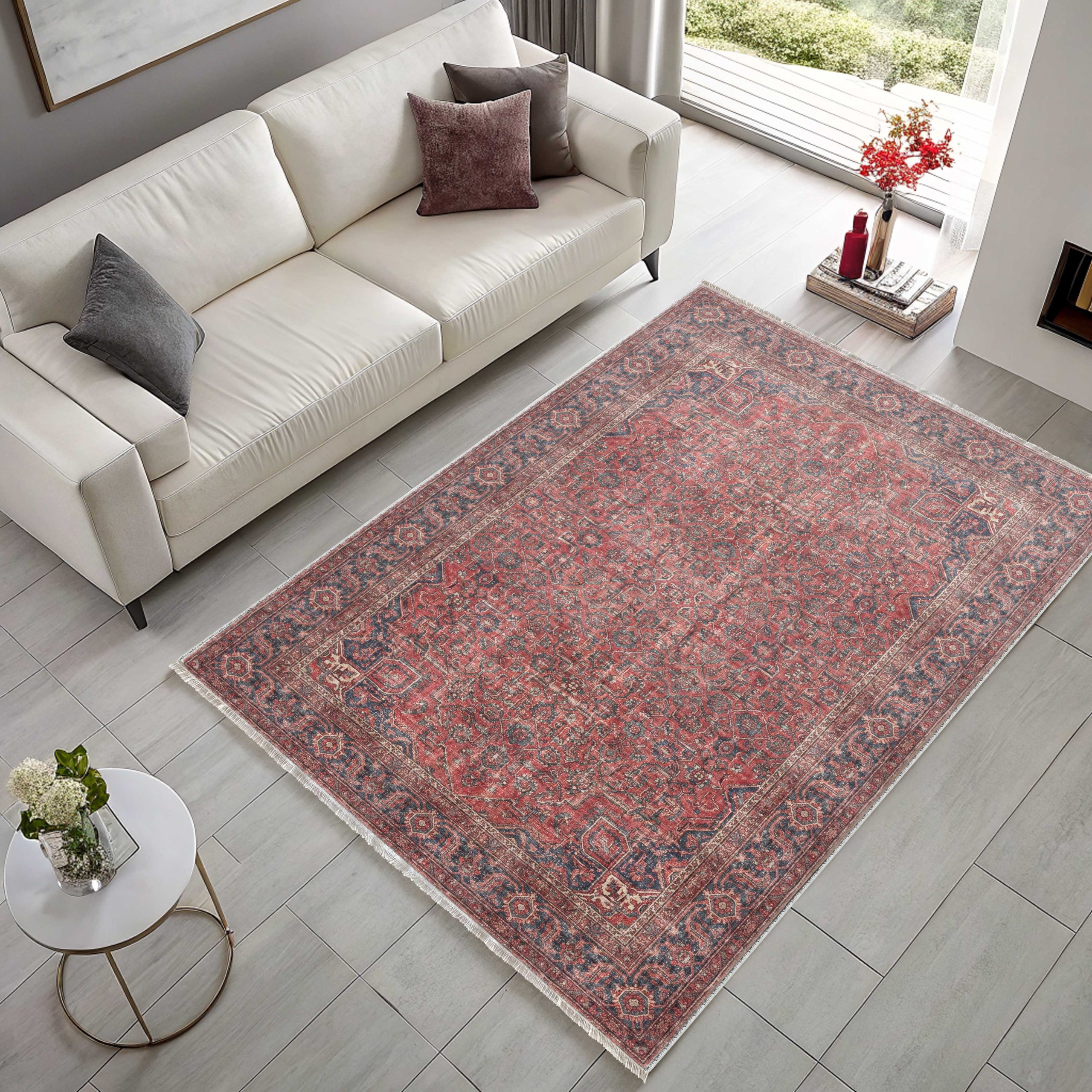 Netline Home Red Burgundy Ethnic Classic Vintage Machine Washable Chenille Rug Design 3042 - Detailed Photoshoot - Netline Home