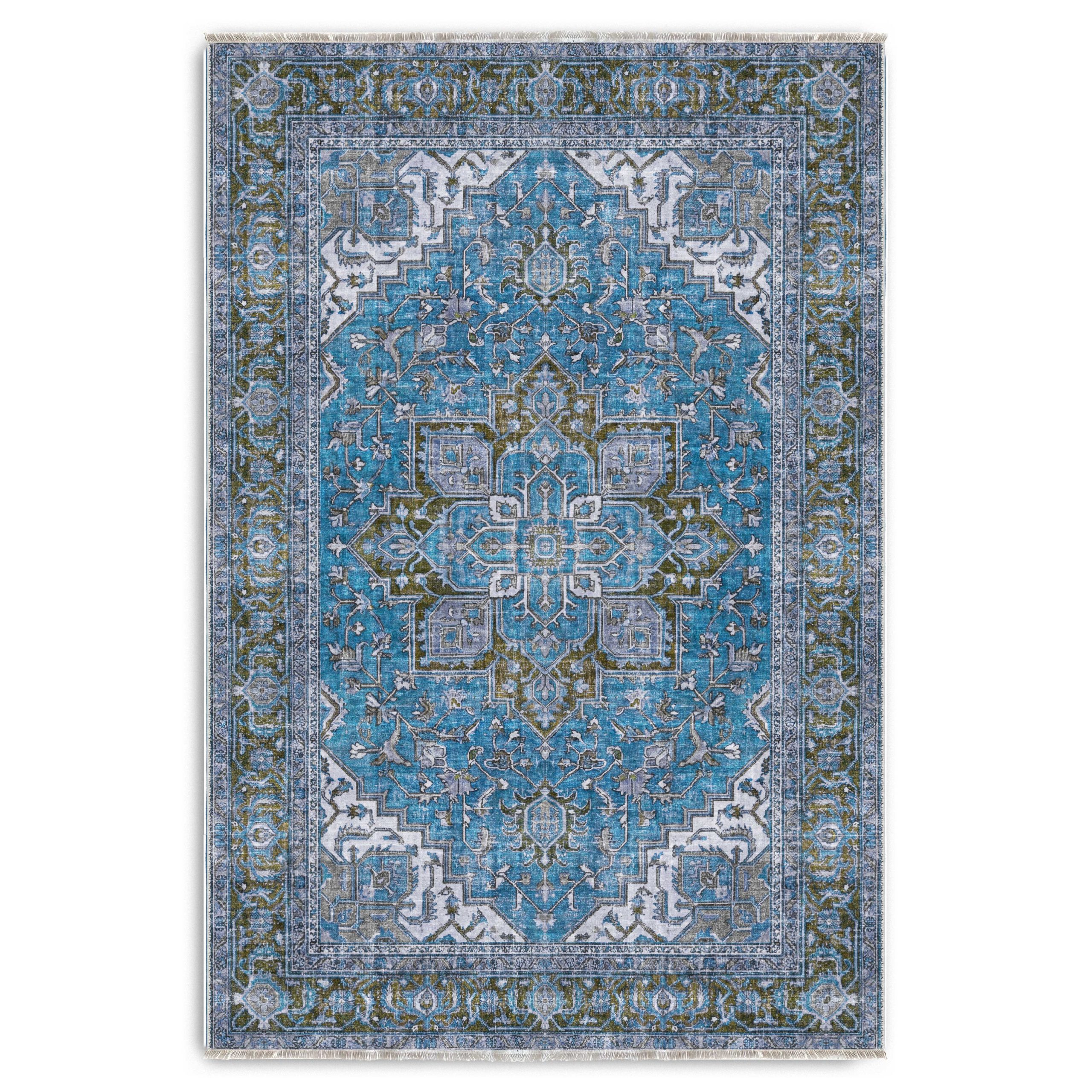 K3043-2-03 Mavi Boho Eskitme Şönil Halı Kilim Yolluk Kaymaz Salon Mutfak Koridor 3043-02 - Görsel 1