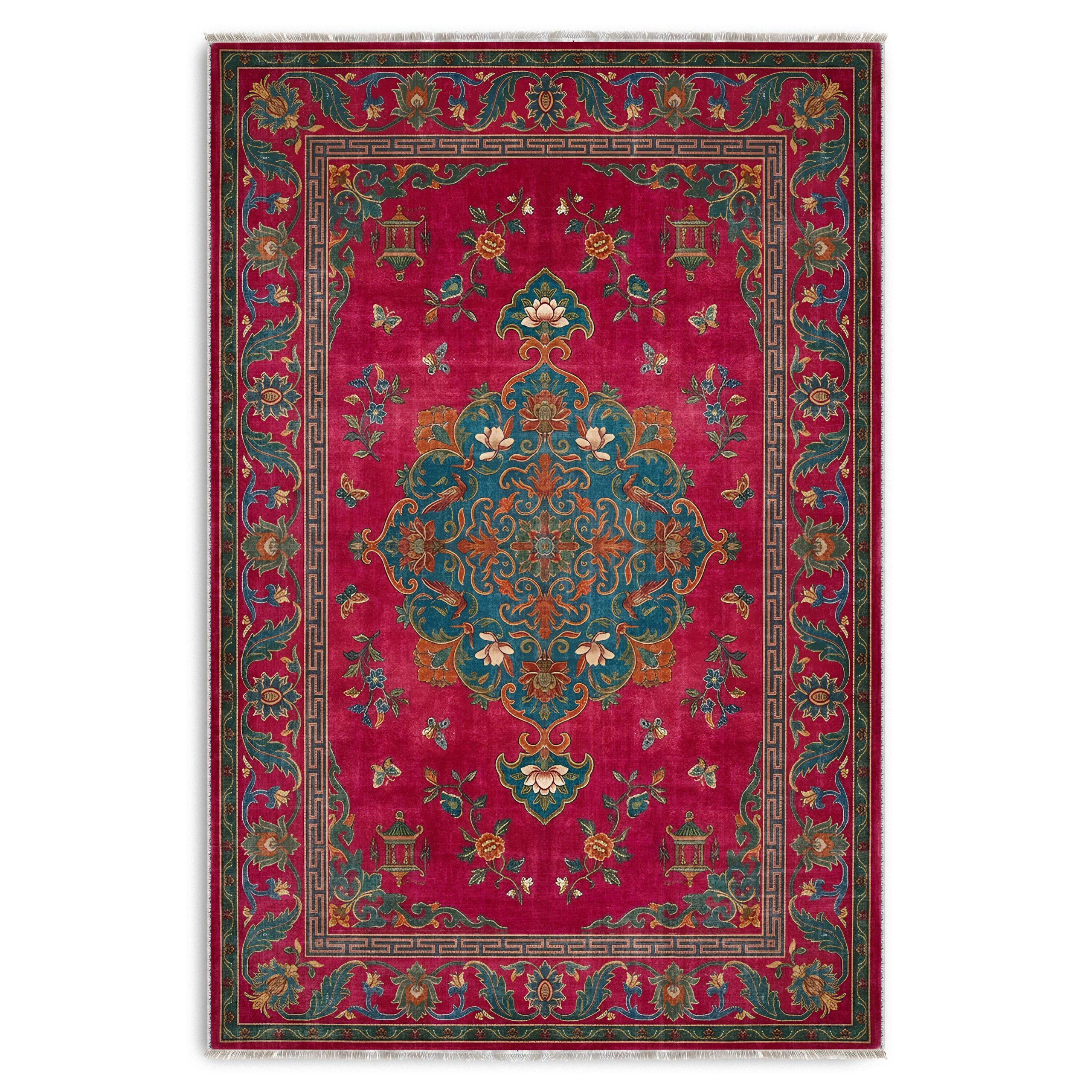 K3044-1-03 Fuşya Kırmızı Retro Vintage Şönil Halı Kilim Yolluk KAymaz Yıkanabilir Salon Mutfak Koridor 3044-01 - Görsel 1