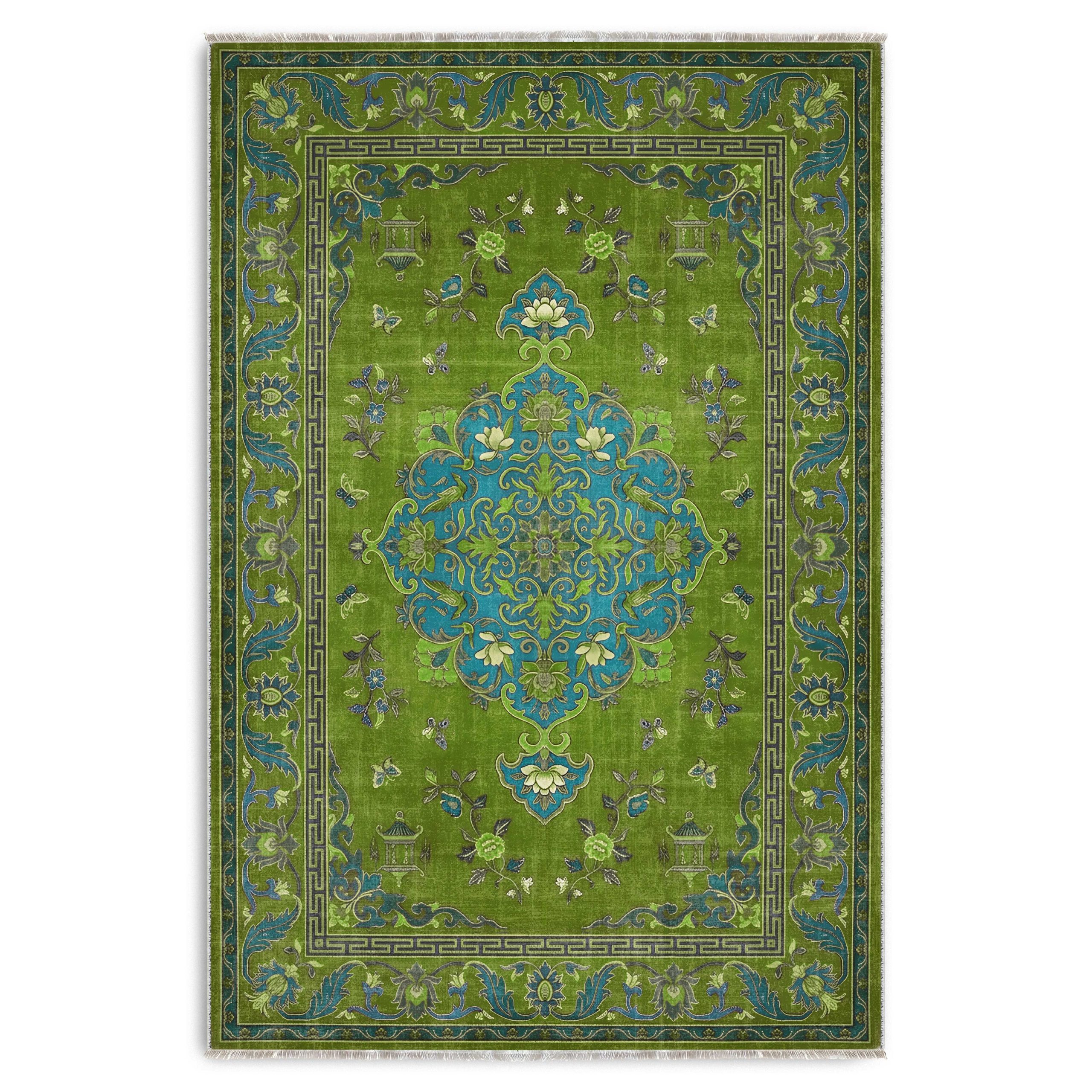 K3044-2-03 Fıstık Yeşil Retro Vintage Şönil Halı Kilim Yolluk Kaymaz Yıkanabilir Salon Mutfak Koridor 3044-02 - Görsel 1