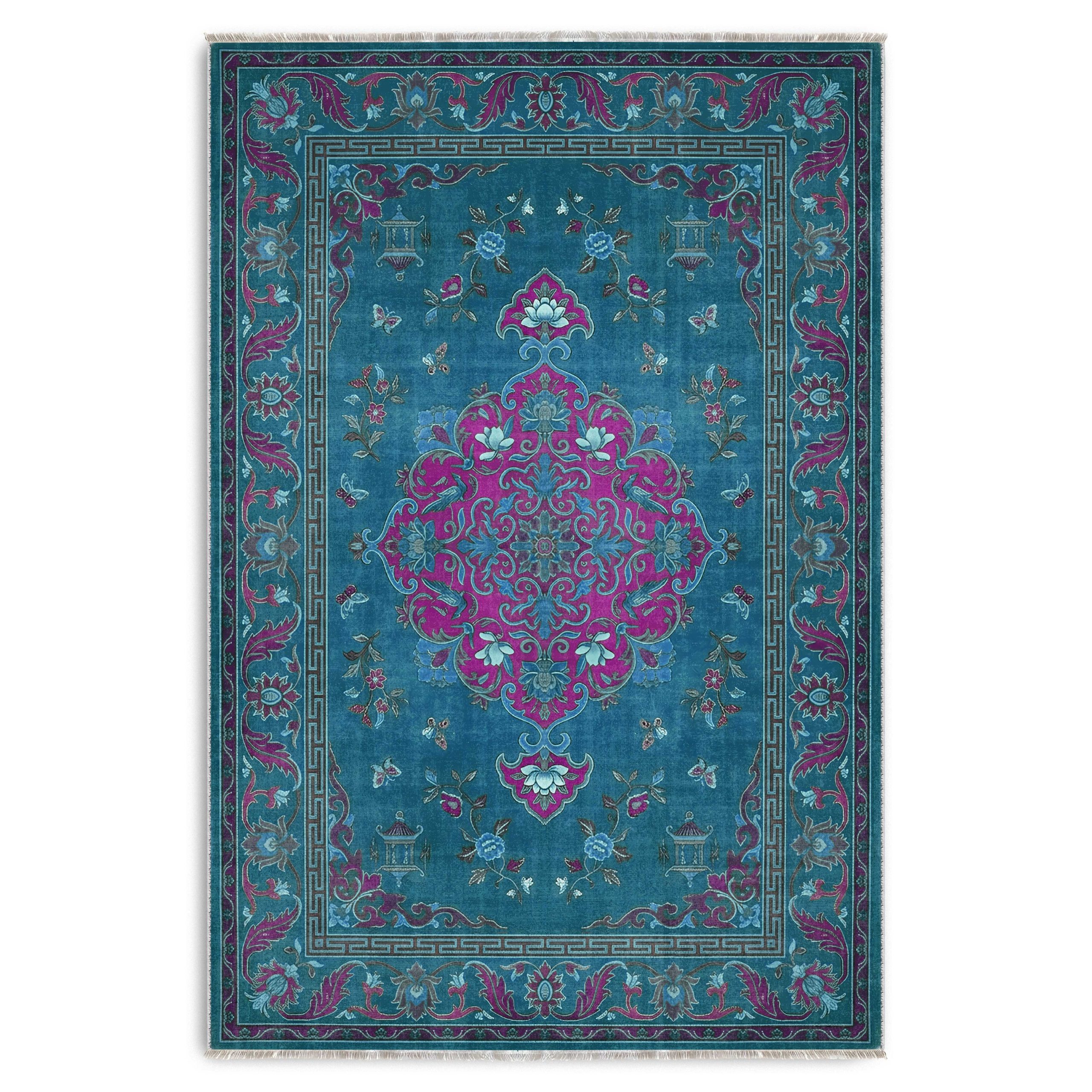 K3044-3-03 Petrol Mavisi Retro Vintage Şönil Halı Kilim Yolluk Kaymaz Yıkanabilir Salon Mutfak Koridor 3044-03 - Görsel 1