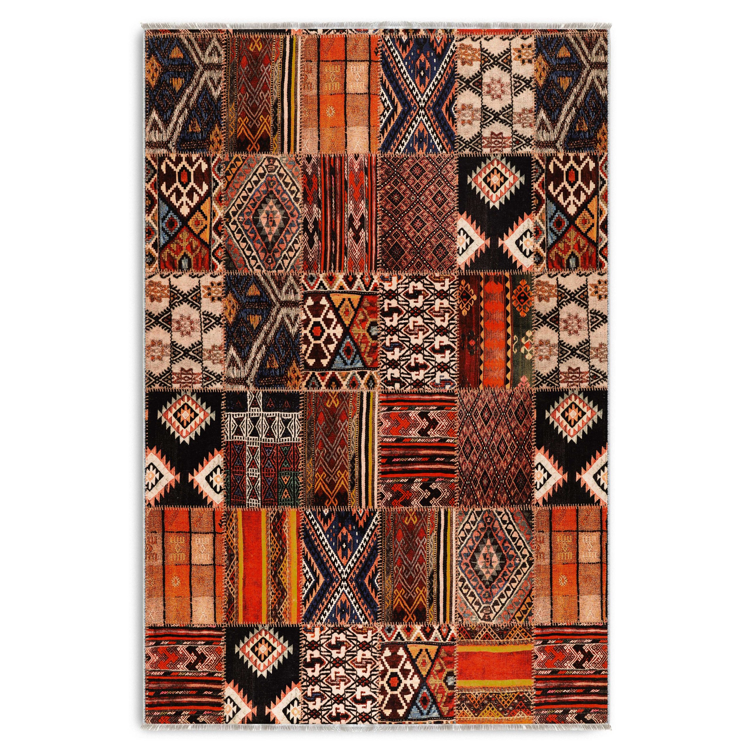 K3046-03 Etnik Patchwork Halı Kilim Yolluk Kaymaz Yıkanabilir Salon Mutfak Koridor Halısı Turuncu 3046 - Görsel 1